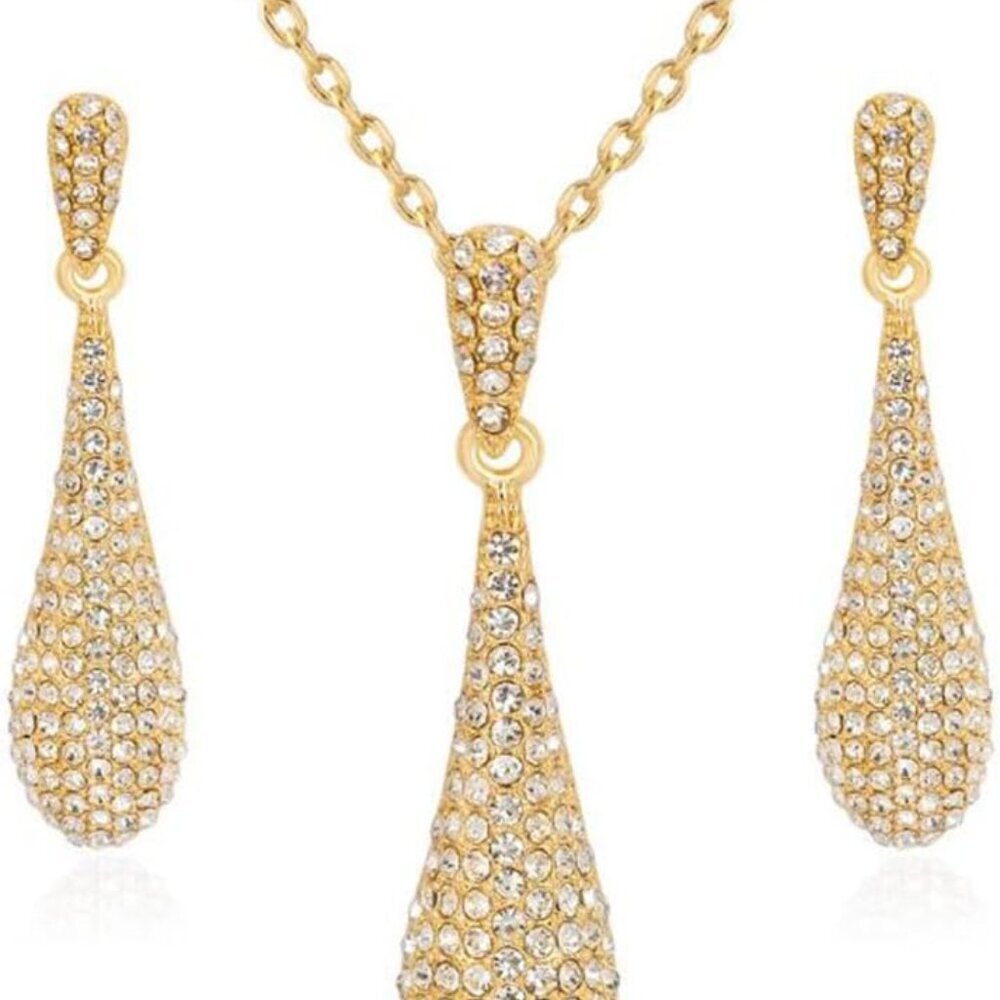 Crystal Rhinestone Tear Drop Pendant Necklace Earrings Set Gold Plated Women